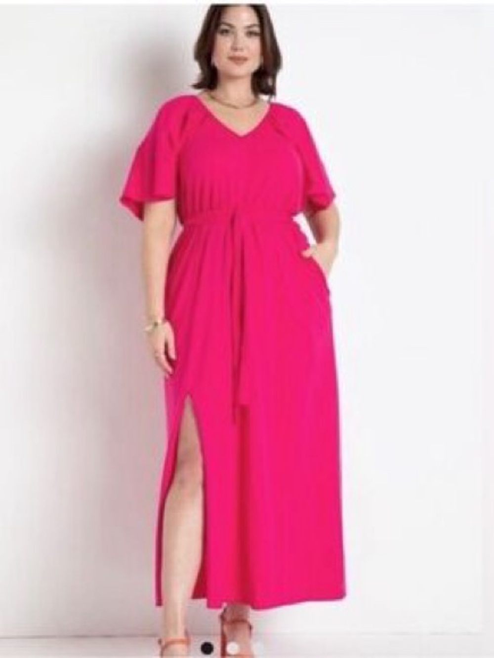 Eloquii Cotton Hot Pink V-Neck Flutter Sleeve Maxi Dress